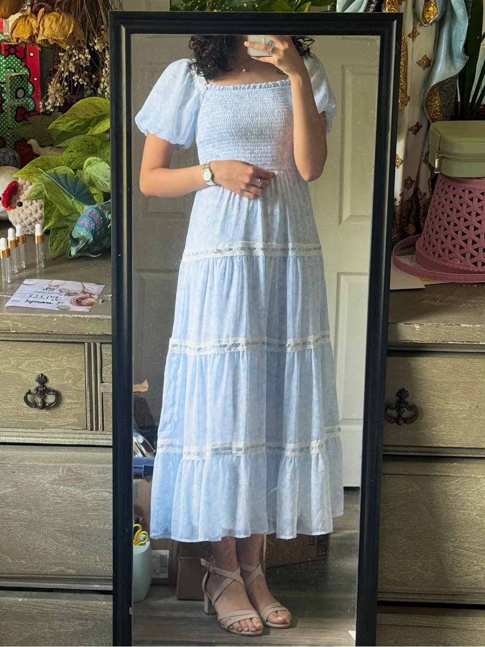 Light Blue Smocked Puff-Sleeve Maxi Dress